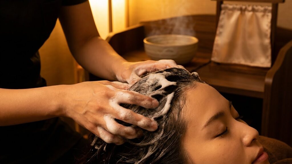 Close-up of a therapist performing a relaxing Japanese head spa massage with rich, detoxifying foam to cleanse mineral buildup at Aoki Spa in Frisco.