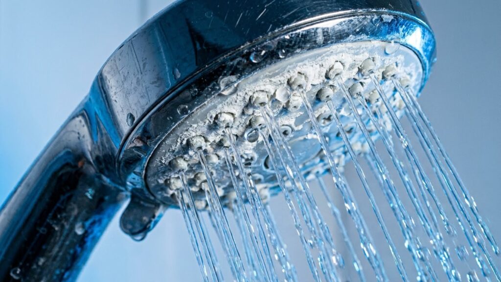 Close-up of a modern shower head with visible white mineral buildup and limescale, illustrating the effects of hard water in Plano and Frisco on hair health.