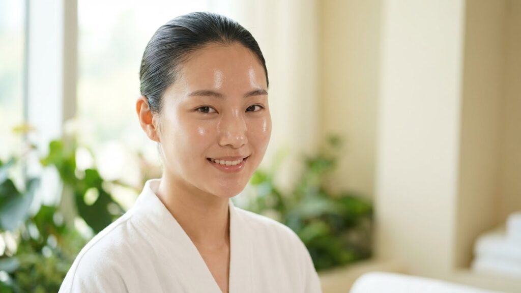 Radiant woman with Korean Glass Skin and a lifted jawline, demonstrating the anti-aging and Notox results of combining scalp care with K-Beauty facials.